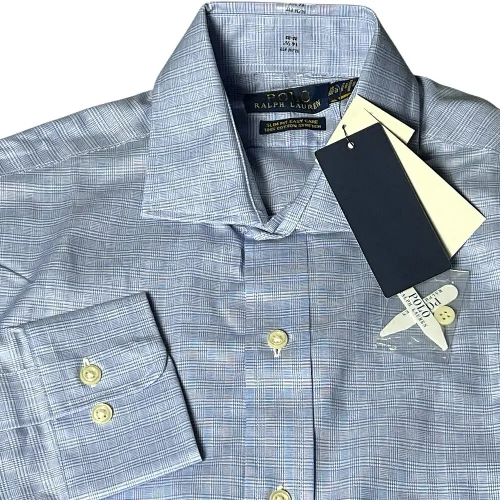 NWT‎ Polo Ralph Lauren Slim Fit Easy Care Button Up Plaid Blue Shirt 14.5 32/33